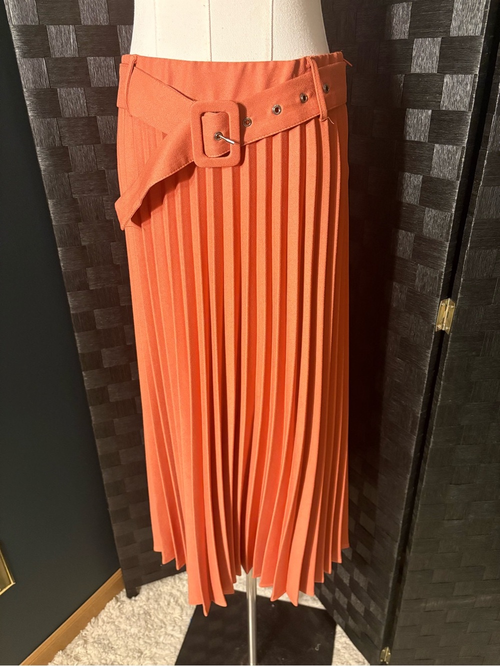 Haute Monde Belted High Waist Pleated Midi Skirt Fall Boho Flowy